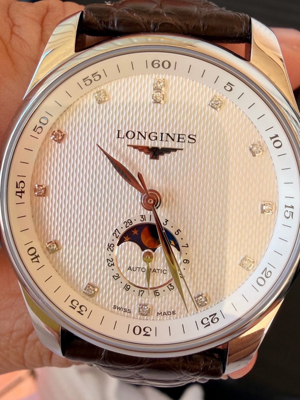 Longines Men's Automatic Moonphase Watch - White Dial, Brown Strap